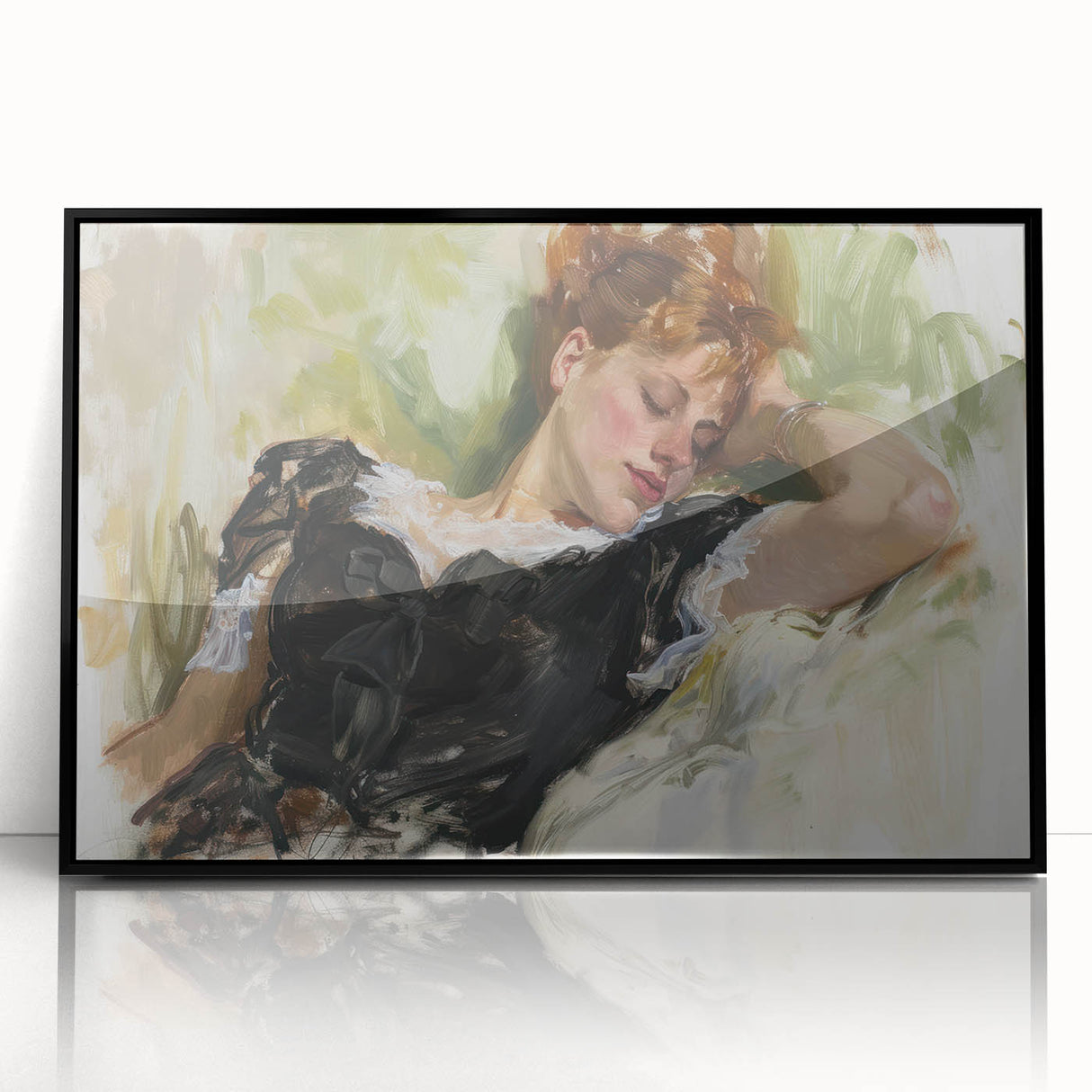 Abstract figurative art piece in a sleek black frame, showcasing vibrant colors and dynamic shapes, perfect for modern home decor or office aesthetic.