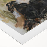 Abstract figurative wall art on rolled canvas showcasing vibrant colors and dynamic shapes, ideal for modern decor, presented in a protective cardboard tube.