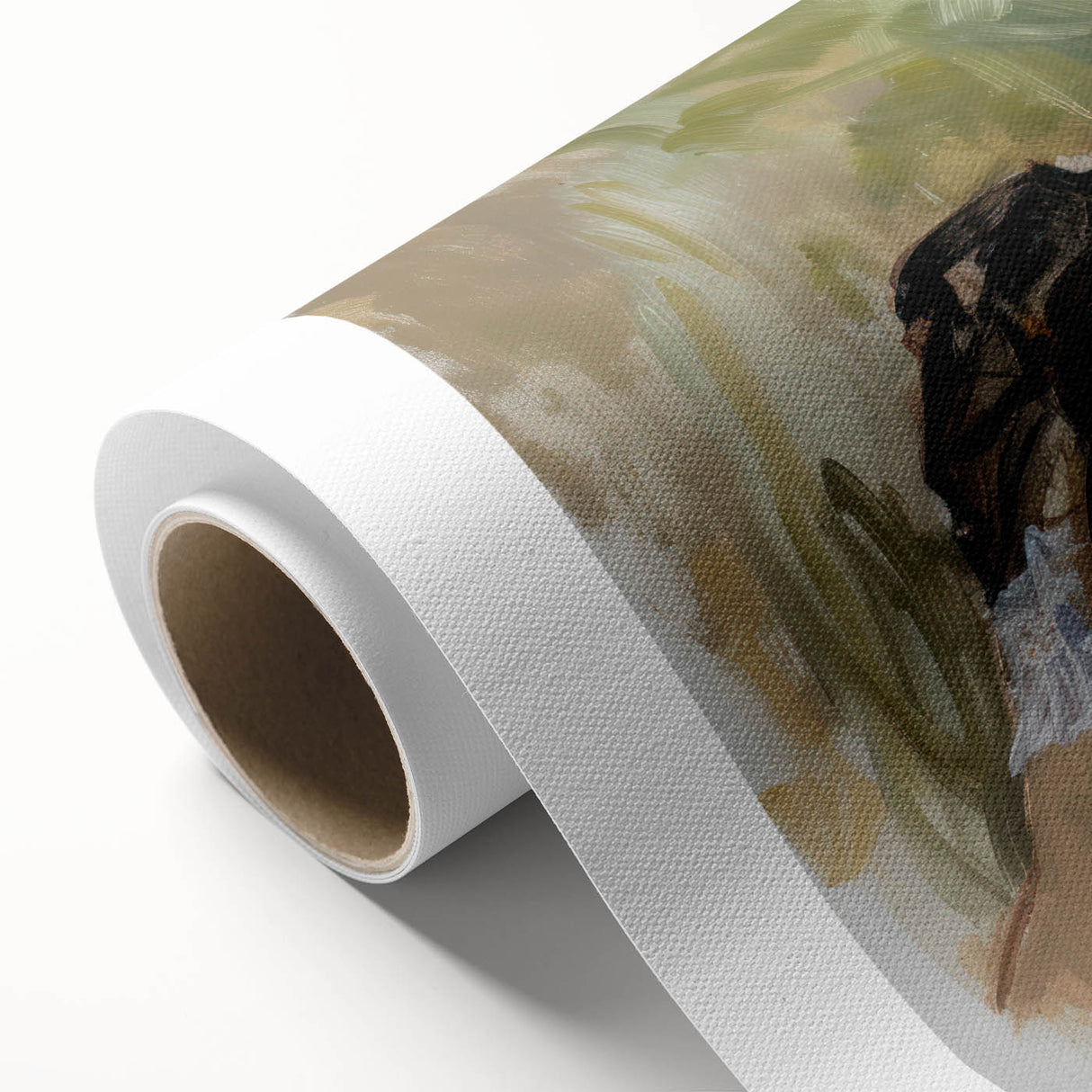Abstract figurative rolled canvas artwork showcasing vibrant colors and dynamic shapes, ideal for modern decor. Packaged securely in a cardboard tube for safe delivery.