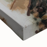 Close-up of a vibrant abstract figurative stretched canvas artwork showcasing bold colors and intricate patterns, perfect for modern home decor and artistic expression.