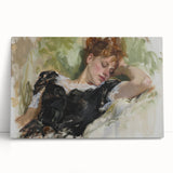 Abstract figurative stretched canvas artwork featuring vibrant colors and dynamic shapes, leaning against a neutral wall, ideal for modern home decor.