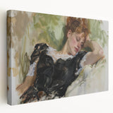 Abstract figurative stretched canvas artwork showcasing vibrant colors and dynamic shapes, ideal for modern home decor. Side view highlights the depth and texture of the piece.