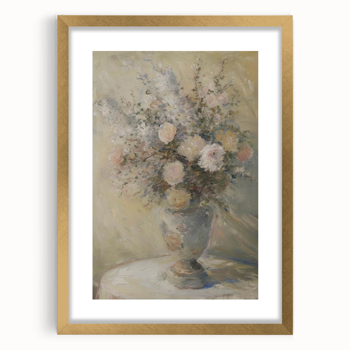 Abstract floral artwork framed in gold with a mat border, showcasing vibrant colors and intricate designs, ideal for enhancing modern home decor.