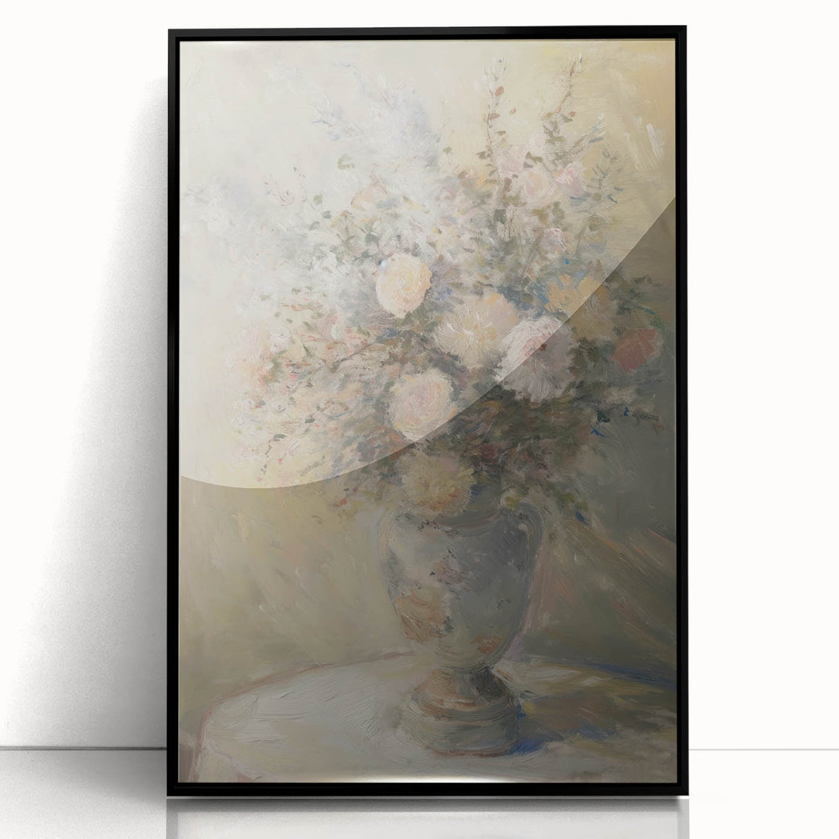 Framed acrylic artwork showcasing vibrant abstract florals in shades of pink, blue, and green, set against a sleek black frame, perfect for modern home decor.