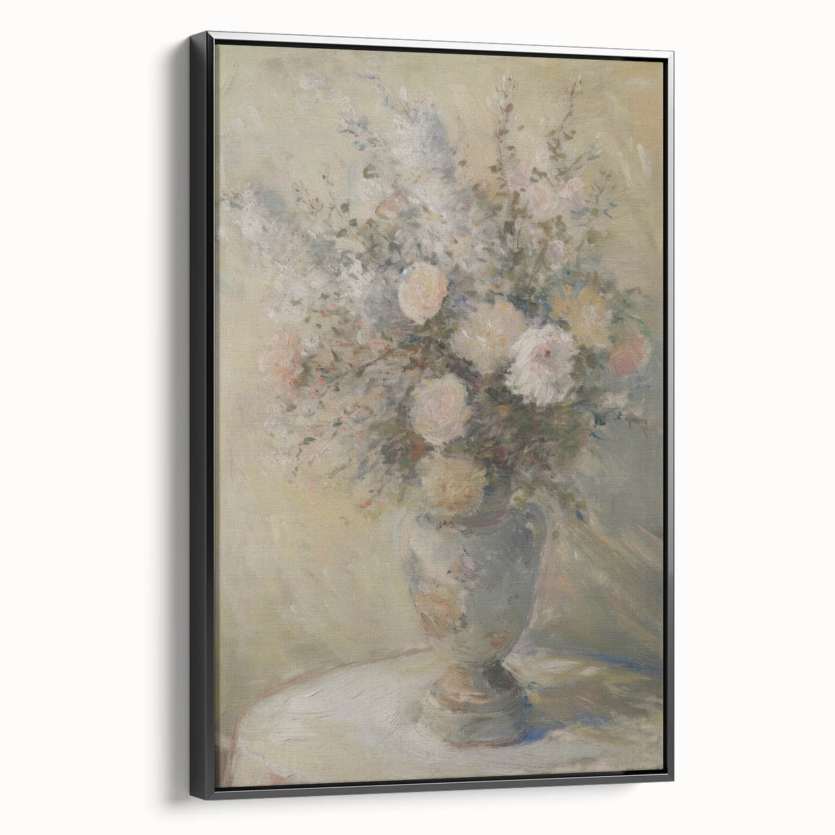 Framed canvas artwork showcasing an abstract floral design in vibrant colors, set against a sleek black frame, ideal for modern home decor.