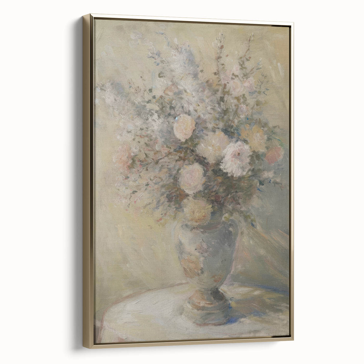 Framed canvas artwork showcasing an abstract floral design in vibrant colors with gold accents, displayed from a side view to highlight its depth and texture. Ideal for modern home decor.