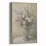 Framed canvas artwork showcasing abstract floral design with vibrant colors and silver frame, ideal for modern home decor and enhancing interior aesthetics.