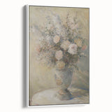 Framed canvas displaying an abstract floral design in soft pastel colors, showcasing intricate details and textures, perfect for modern home decor.
