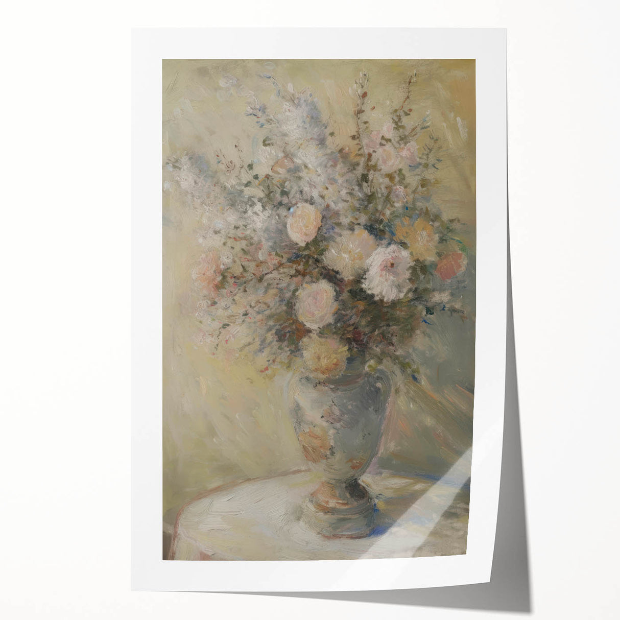 Abstract floral rolled print showcasing vibrant colors and intricate designs, elegantly packaged in a durable cardboard tube, perfect for home decor enhancement.