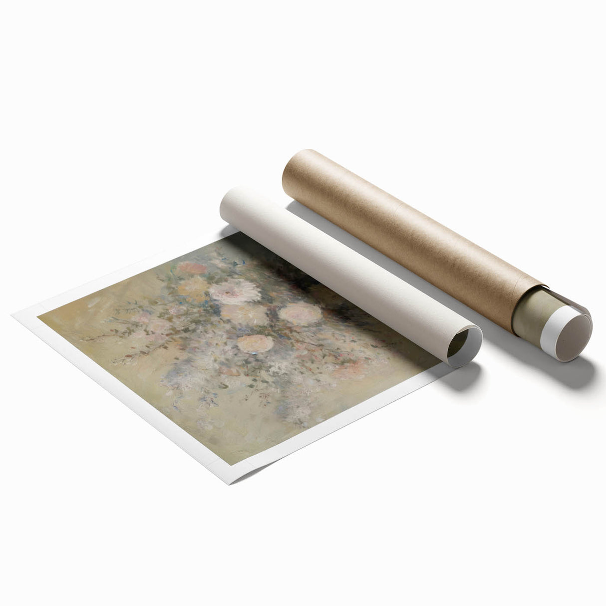 Abstract floral design printed on rolled canvas, showcasing vibrant colors and intricate patterns, ideal for modern home decor. Packaged securely in a tube.