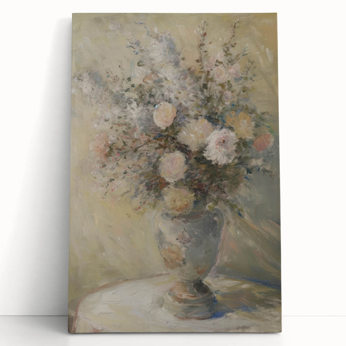 Abstract floral canvas art featuring vibrant colors and intricate designs, elegantly leaning against a wall, perfect for modern home decor.