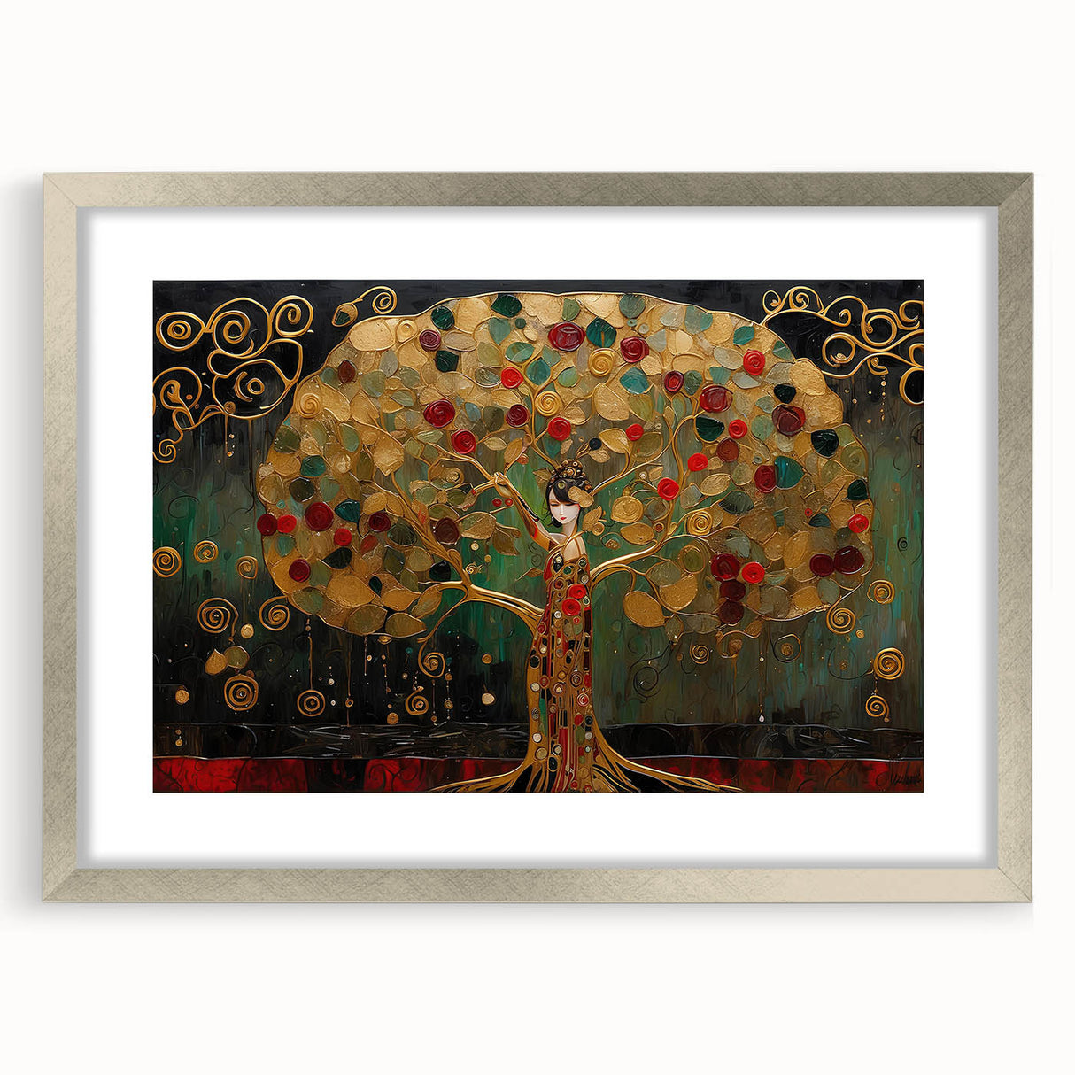 Abstract landscape wall art framed in silver, showcasing vibrant colors and intricate details; ideal for modern home decor and artistic interior design accents.