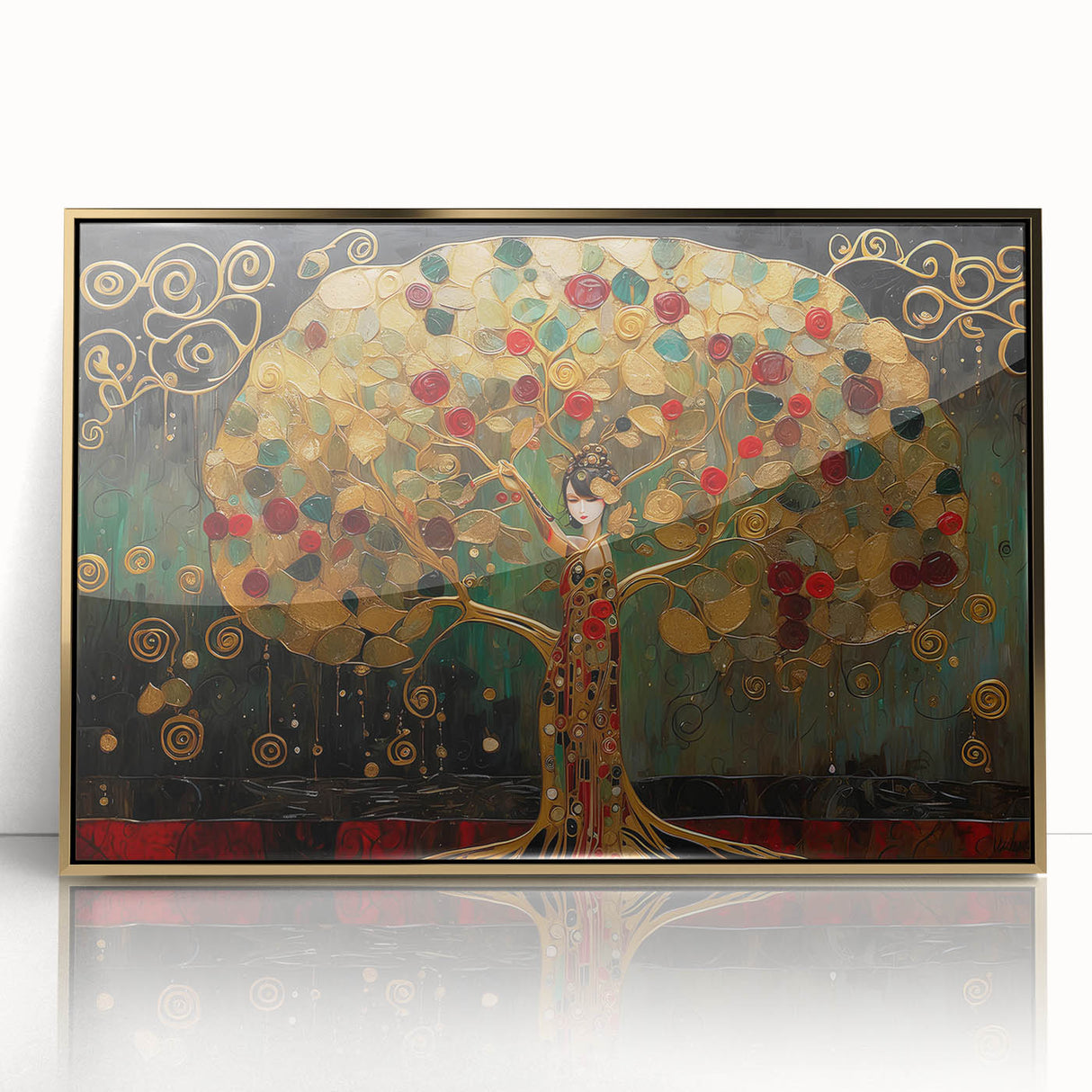 Framed abstract landscape wall art with gold accents, showcasing a serene mountain scene against a soft blue background, perfect for modern home décor.