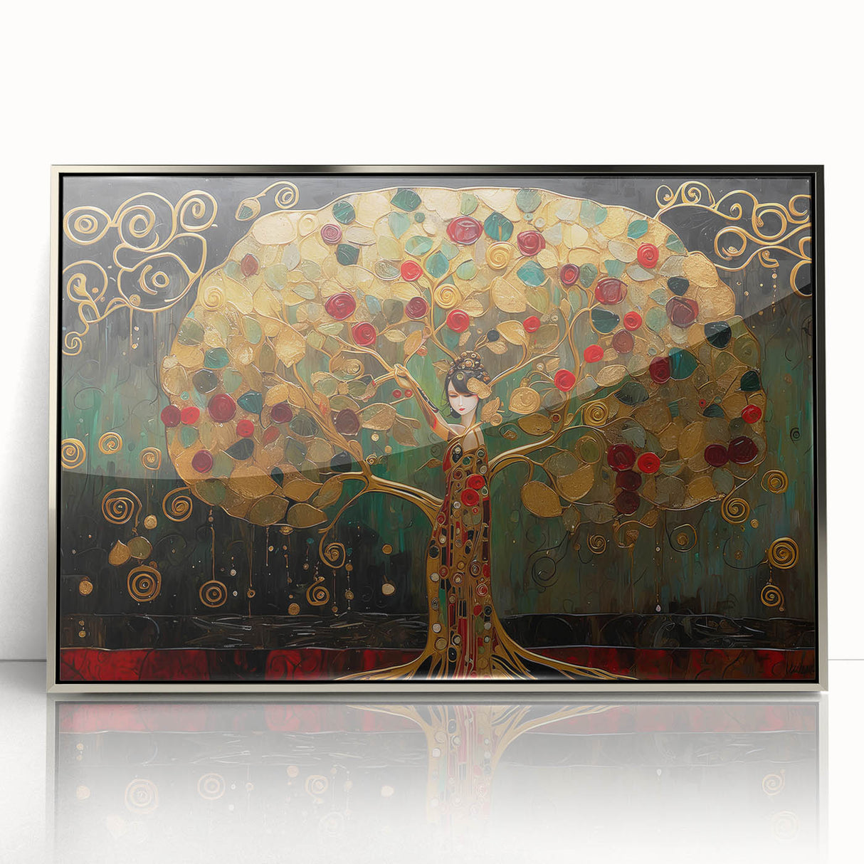 Framed abstract landscape wall art featuring bold colors and dynamic shapes, presented in a sleek silver frame, perfect for modern home decor.