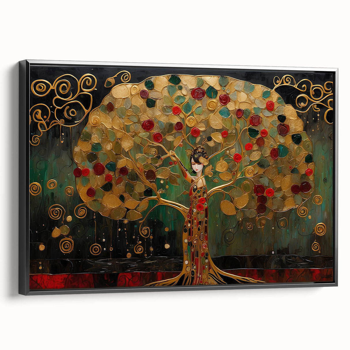 Framed abstract landscape wall art in black, showcasing vibrant colors and dynamic shapes, perfect for modern home decor. Side view highlights the sleek frame design.