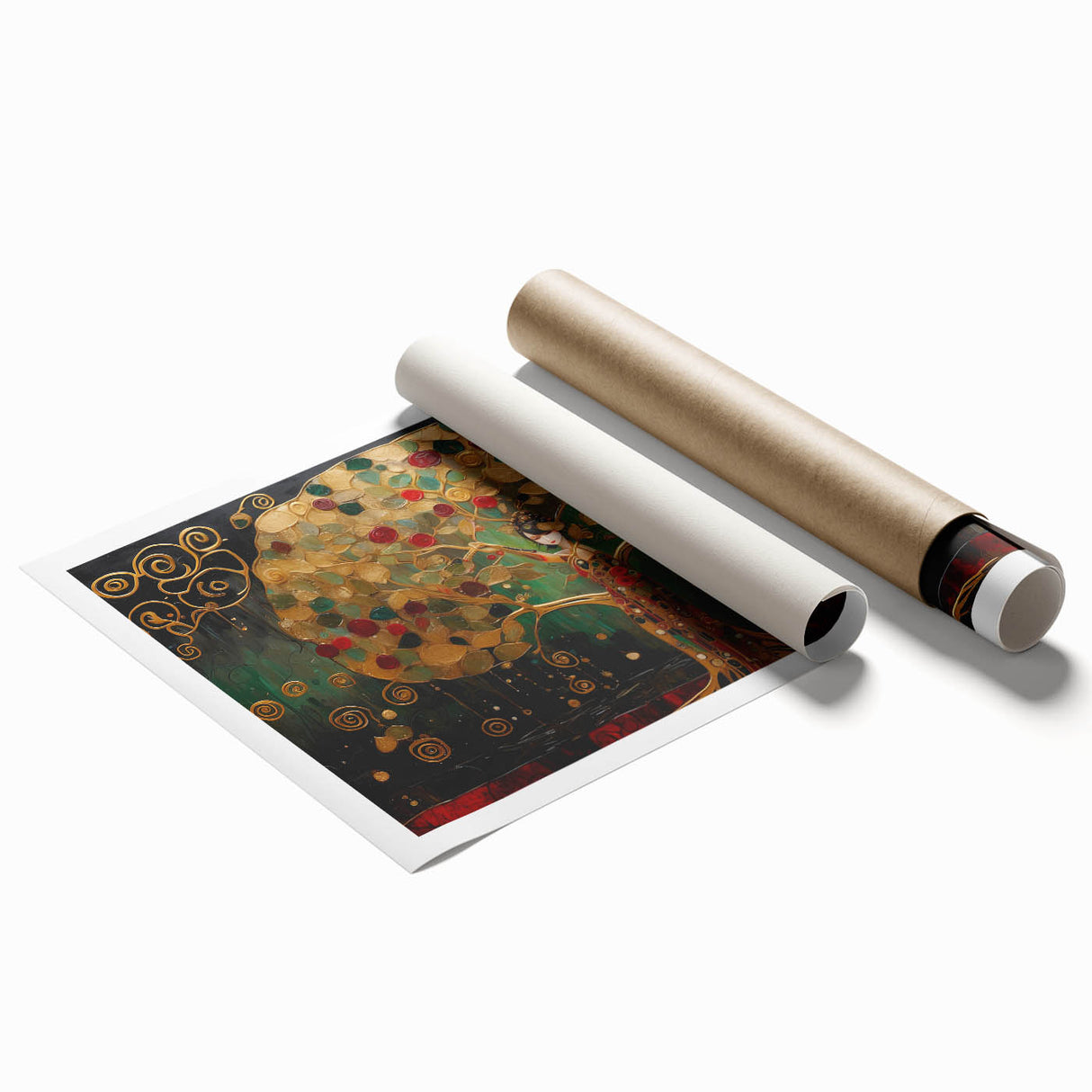 Abstract landscape wall art print showcasing vibrant colors of blue, orange, and green, rolled and ready for display, ideal for modern home decor.