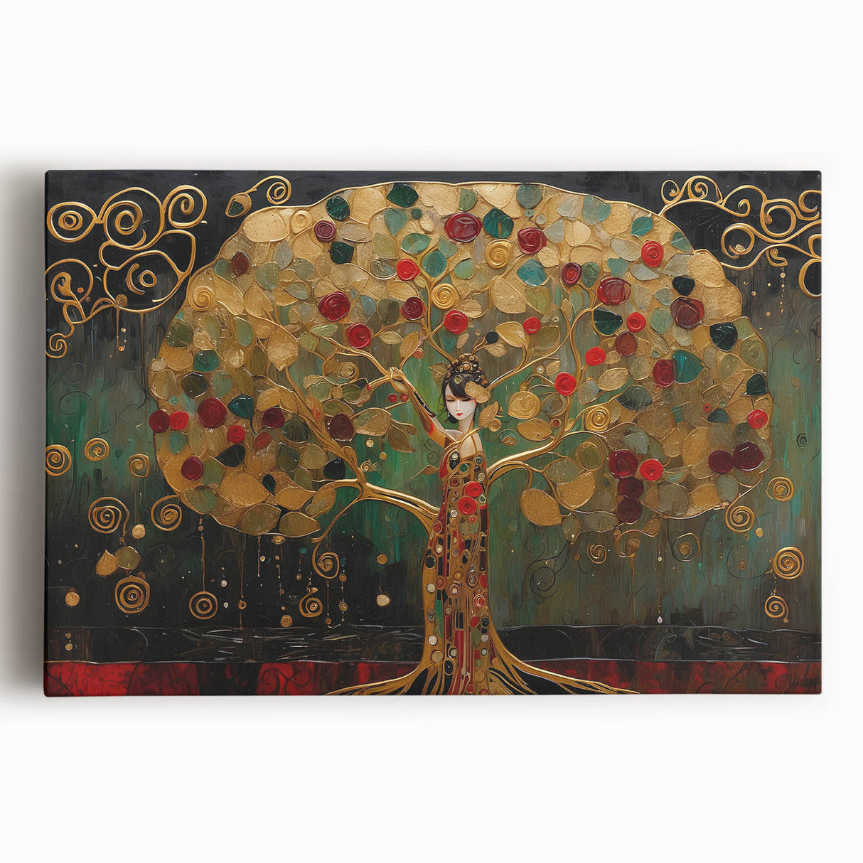Stretched canvas artwork showcasing an abstract landscape design with vibrant colors of blue, green, and orange, ideal for modern home decor and artistic interiors.