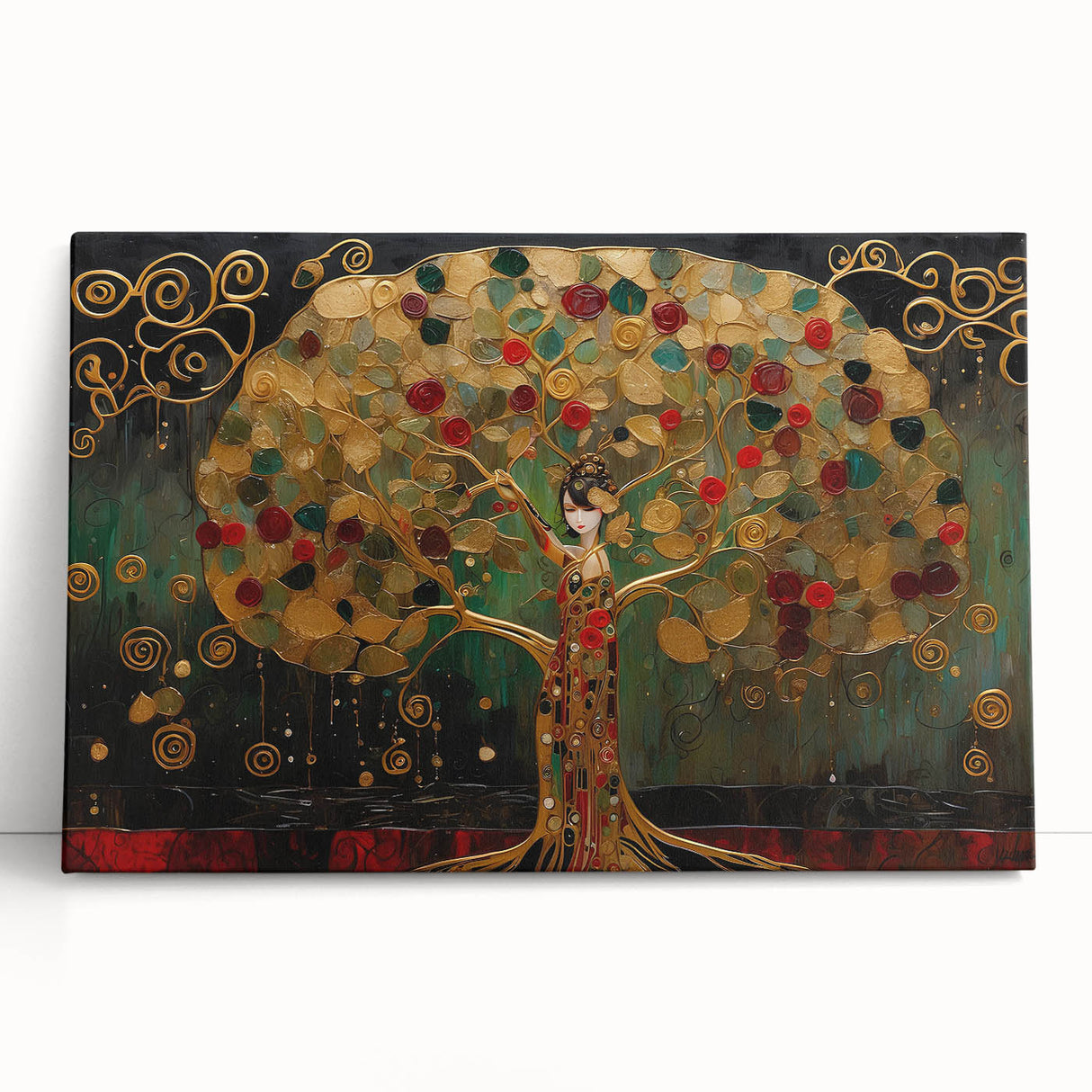 Abstract landscape wall art on stretched canvas, showcasing vibrant colors and fluid shapes, perfect for modern home decor. The artwork leans against a neutral backdrop, enhancing its artistic appeal.