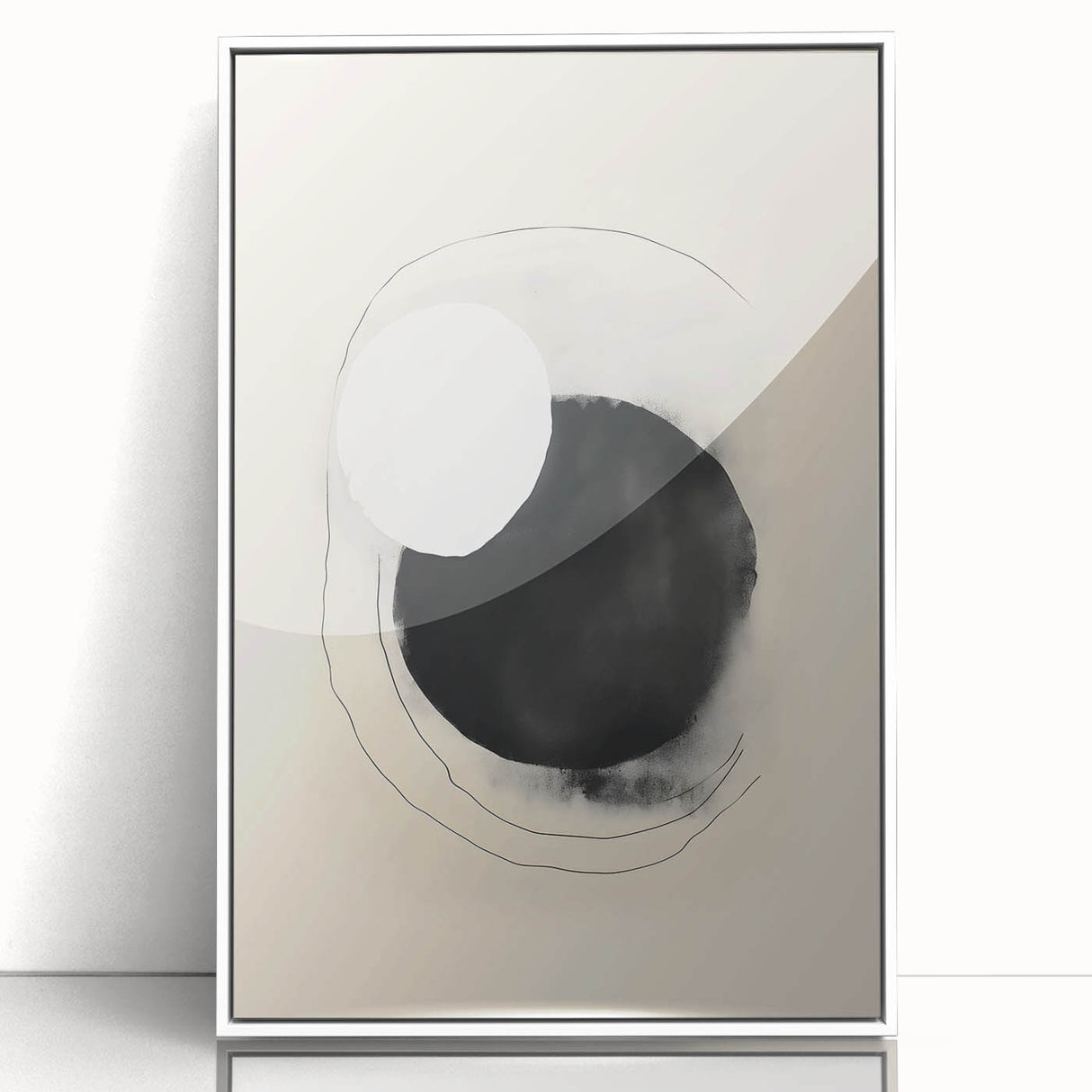 Framed abstract minimalist wall art featuring soft white tones and geometric shapes, designed to enhance modern home decor, viewed from the front.