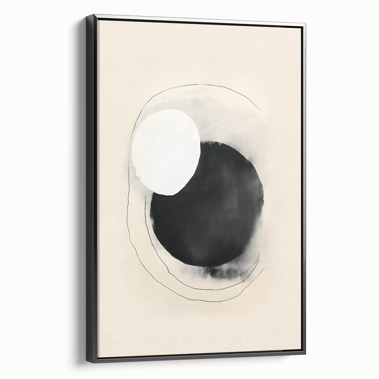 Abstract minimalist wall art framed in black, showcasing a striking design with geometric shapes and subtle color variations, ideal for modern home decor.