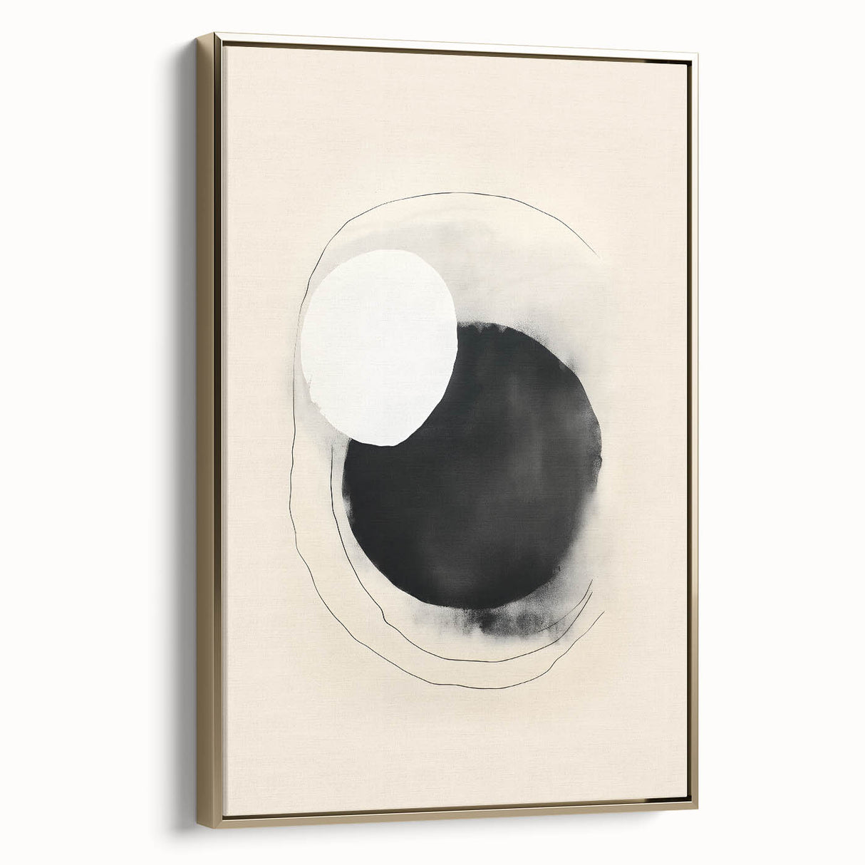 Framed abstract minimalist wall art with a gold accent, showcasing a contemporary design that adds elegance to any space, viewed from the side. Ideal for modern home decor.
