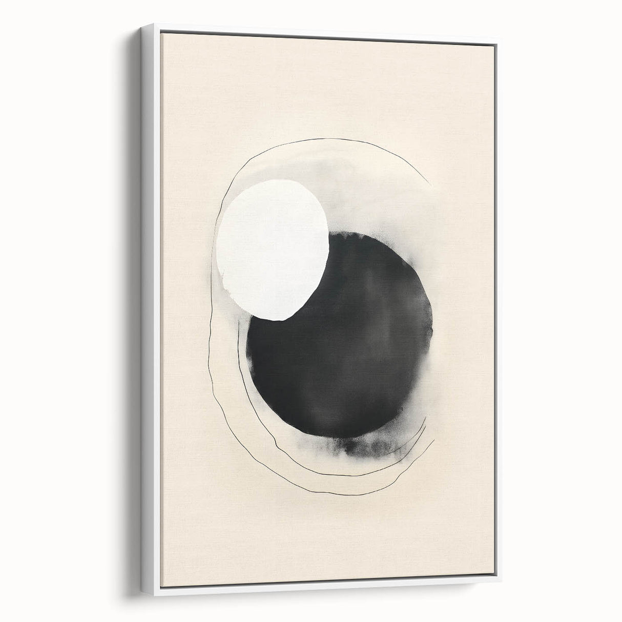 Framed minimalist abstract wall art in white, showcasing a sleek design with subtle texture and clean lines, ideal for modern decor settings.