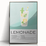 Large art print of a mid-century modernist food and drinks theme in silver framed acrylic, suitable for modern kitchen decor.