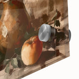 Large abstract wall art featuring assorted fruits in vibrant colors on acrylic glass, suitable for dining room decor.
