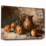 Large abstract wall art featuring assorted fruits in vibrant colors on acrylic glass, ideal for dining room decor.