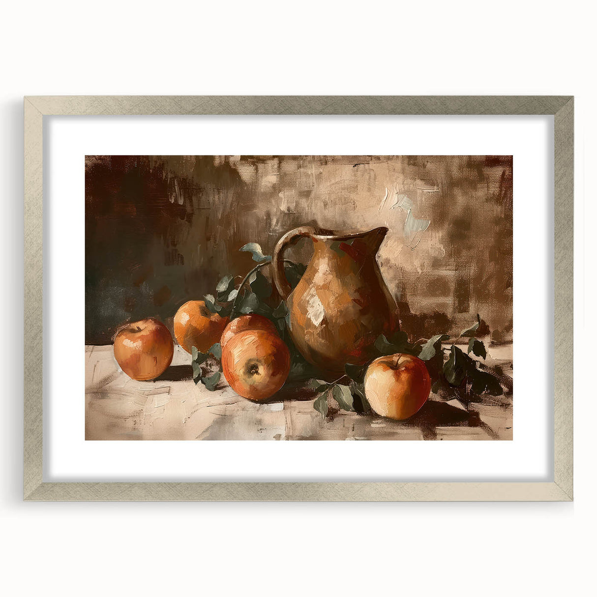 Textured art featuring an abstract design of fruits in muted green and yellow hues, framed with a silver mat.