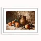 Abstract art print of assorted fruits in vibrant colors on a white framed mat, suitable for dining room decor.