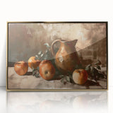 Large art print of assorted fruits in vibrant colors, framed in gold acrylic, in a mid-century modernist style.