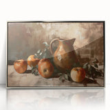 Mid-century modernist art depicting assorted fruits in vibrant colors on a silver-framed acrylic print.