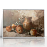 Acrylic print of colorful fruits in art deco style, framed in white, suitable for modern nursery decor.