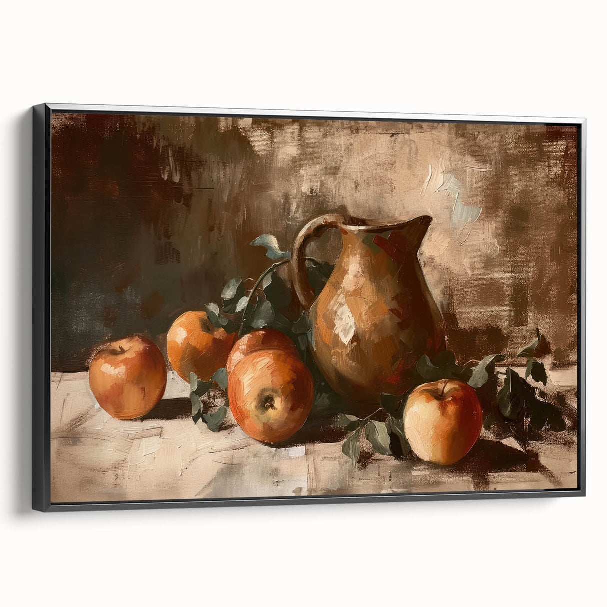 Black and white vintage poster art featuring a landscape of layered fruit illustrations on a framed canvas.