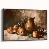 Black and white vintage poster art featuring a landscape of layered fruit illustrations on a framed canvas.