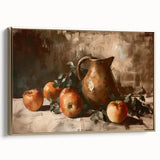 Framed canvas featuring a vintage poster art of various fruits in muted colors, ideal for bedroom wall art.