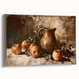 Landscape art painting of colorful fruits on a black background, framed in silver, suitable for kitchen decor.