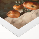 Art deco poster featuring an assortment of vibrant fruits on a rolled canvas, ideal for dining room wall art.