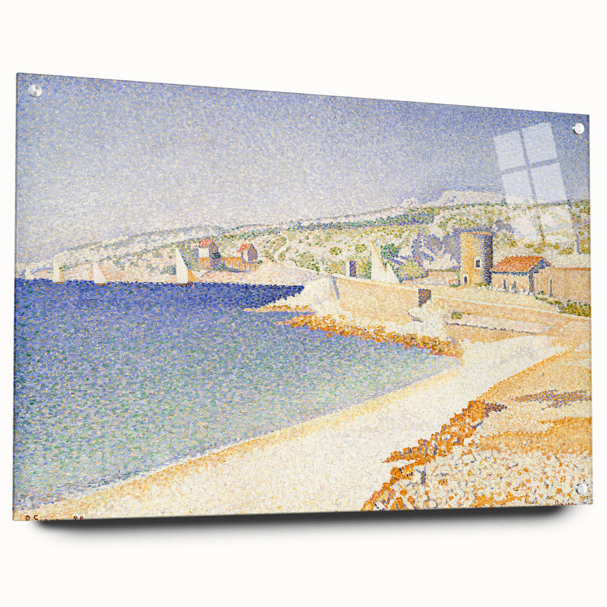 Pointillist Seaside Scene - Tranquil Modern Wall Art in Soft Colors