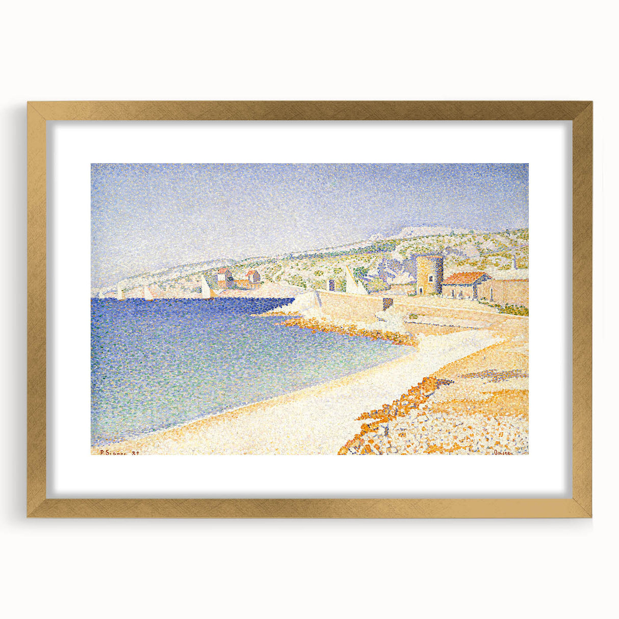 Pointillist Seaside Scene - Tranquil Modern Wall Art in Soft Colors