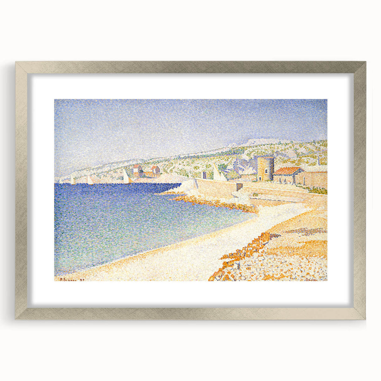 Pointillist Seaside Scene - Tranquil Modern Wall Art in Soft Colors