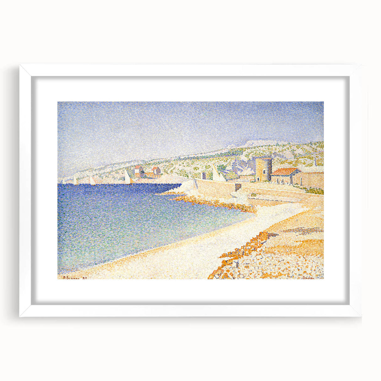 Pointillist Seaside Scene - Tranquil Modern Wall Art in Soft Colors