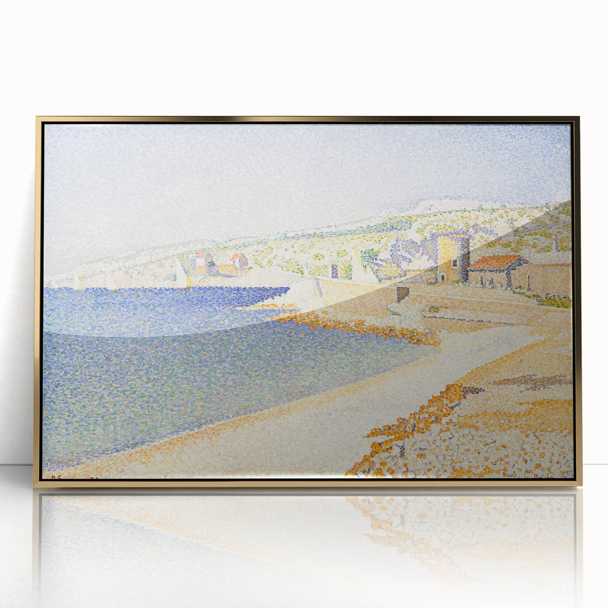 Pointillist Seaside Scene - Tranquil Modern Wall Art in Soft Colors