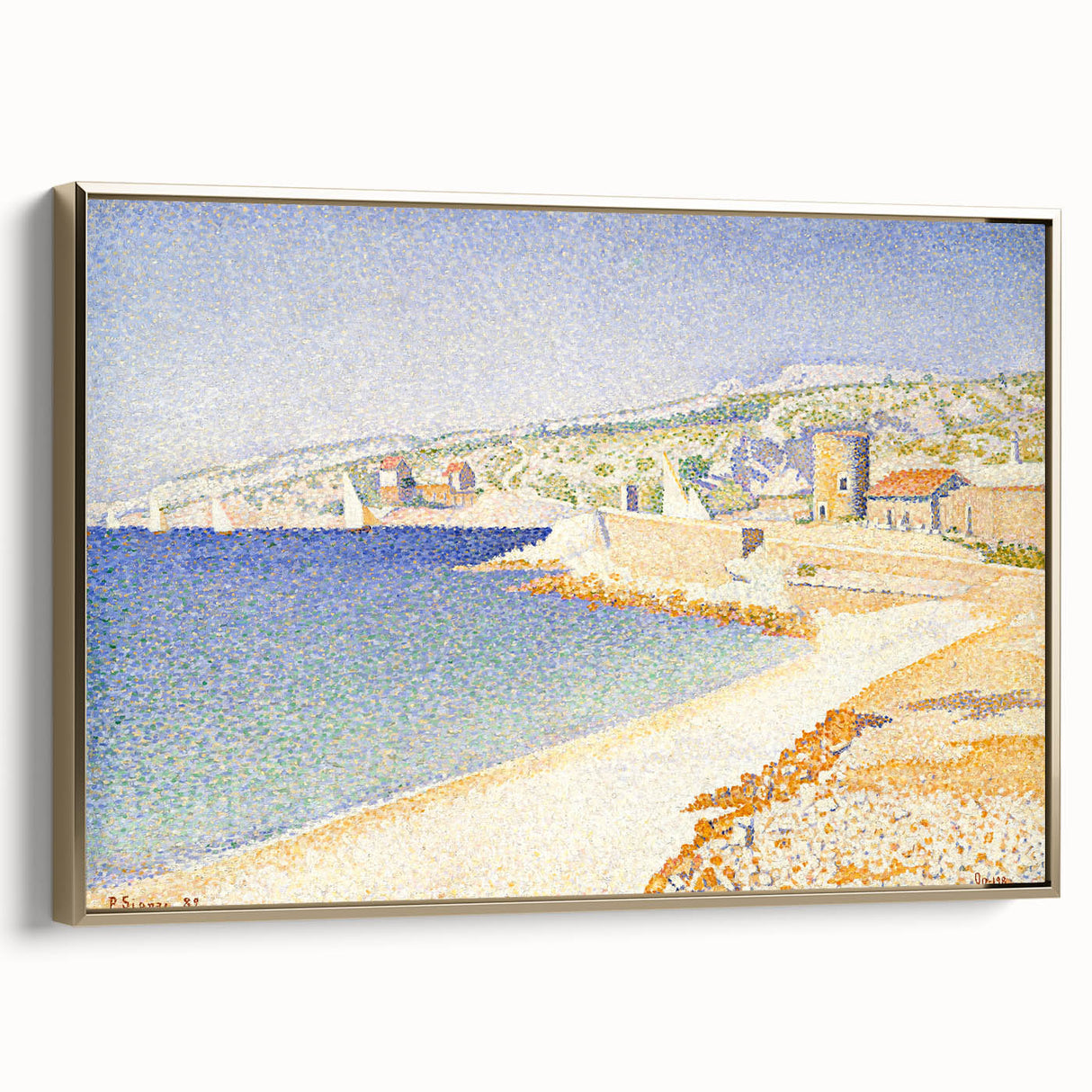 Pointillist Seaside Scene - Tranquil Modern Wall Art in Soft Colors