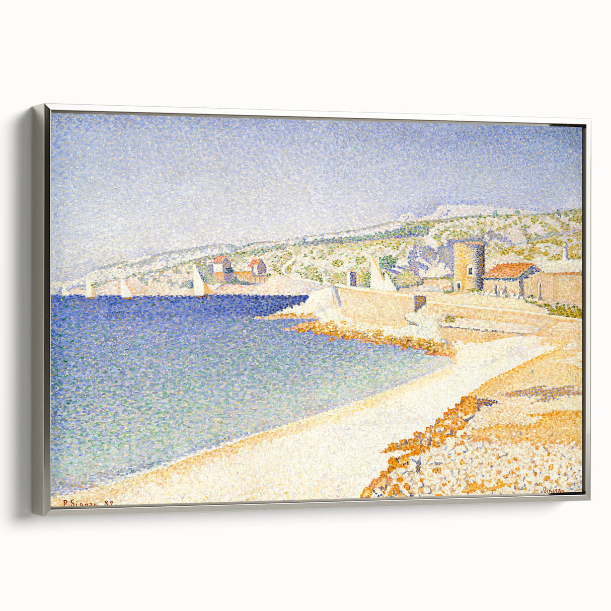 Pointillist Seaside Scene - Tranquil Modern Wall Art in Soft Colors