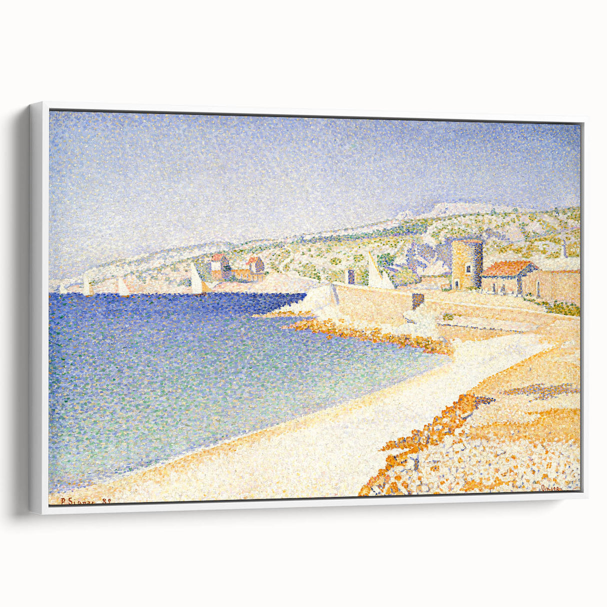 Pointillist Seaside Scene - Tranquil Modern Wall Art in Soft Colors