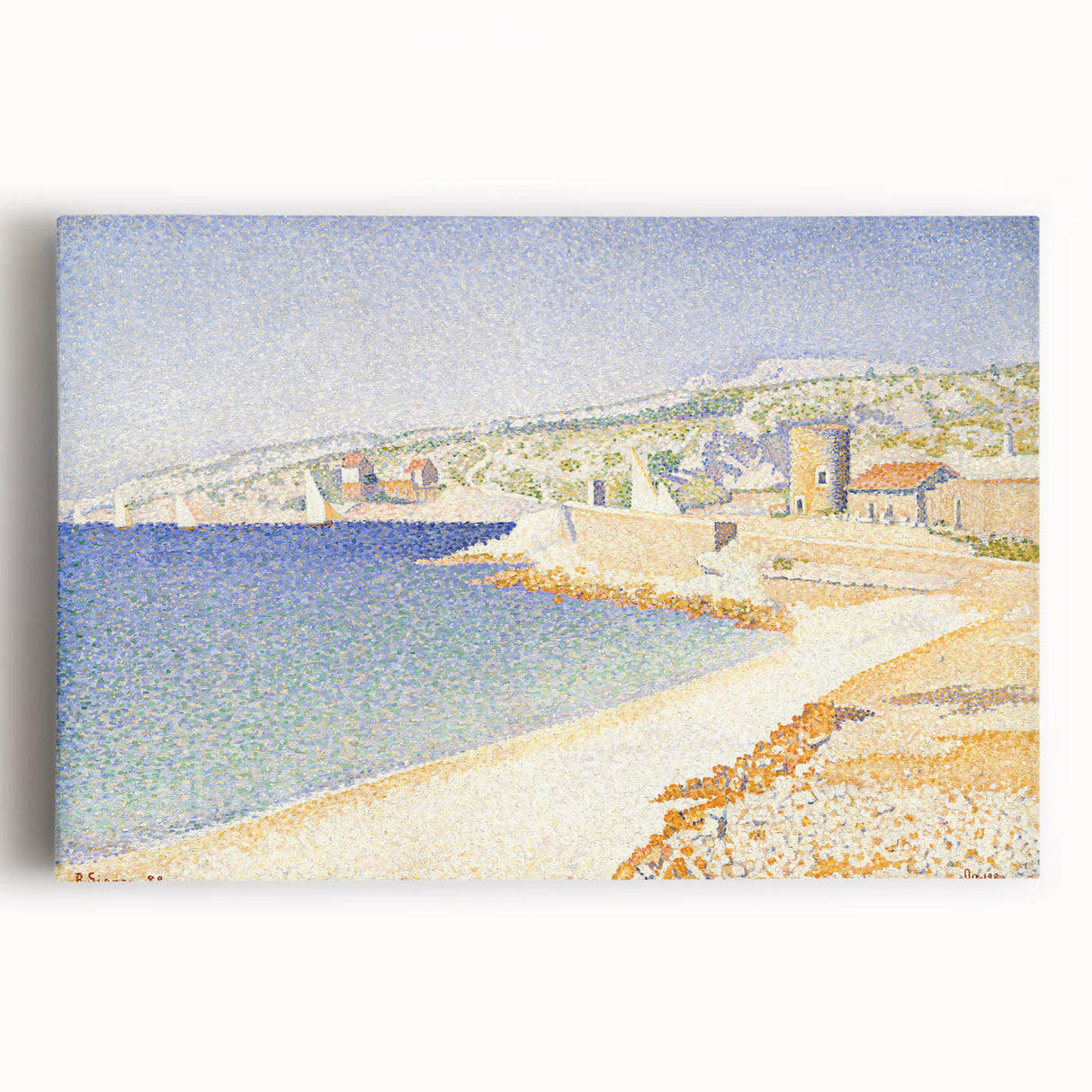 Pointillist Seaside Scene - Tranquil Modern Wall Art in Soft Colors