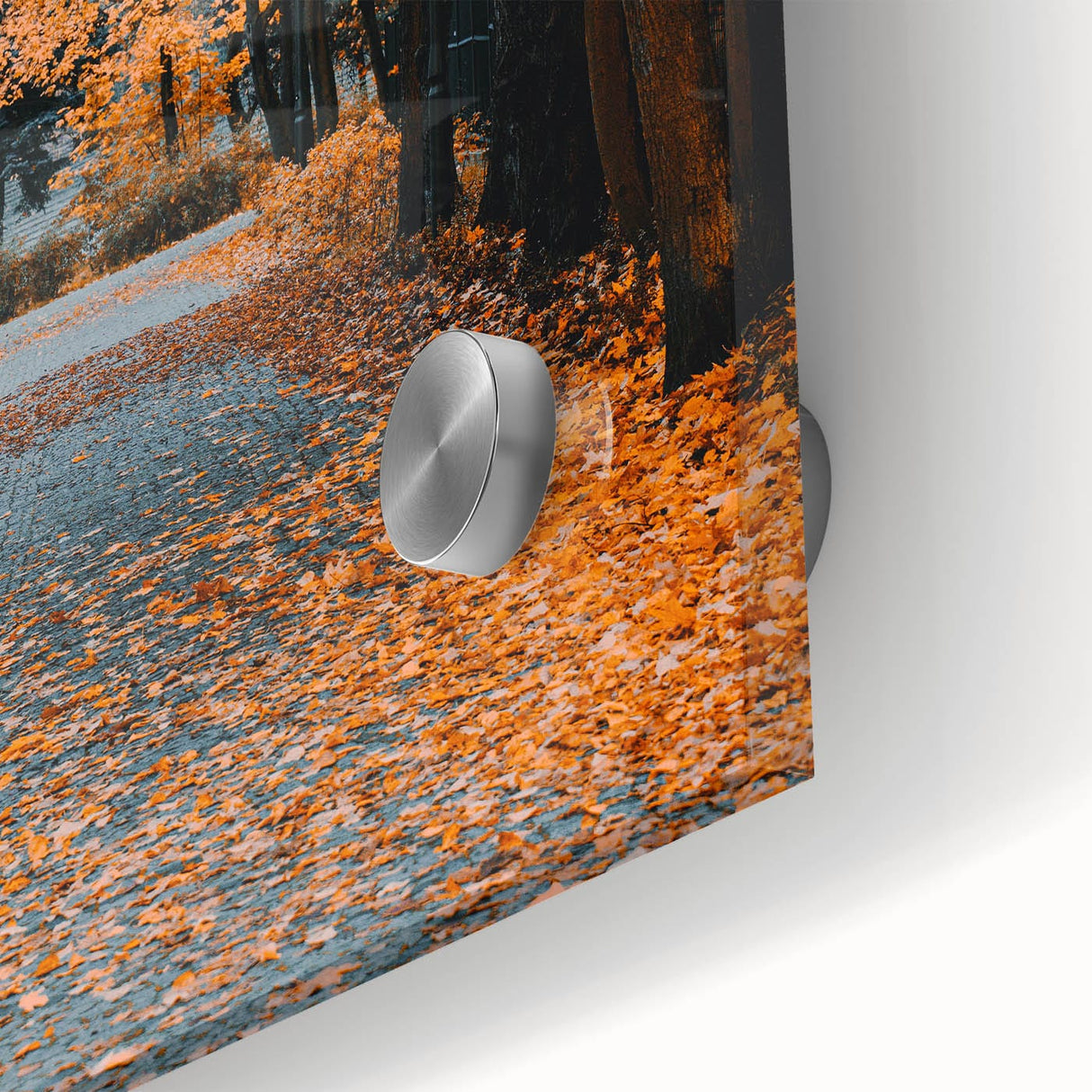 Large abstract wall art in warm autumn hues on acrylic glass, ideal for dining room ambiance.