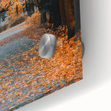 Large abstract wall art in warm autumn hues on acrylic glass, ideal for dining room ambiance.
